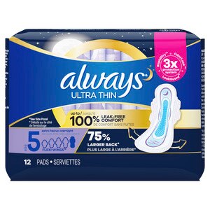 Always Ultra Thin Size 5 Pads with Wings, Unscented, Extra Heavy Overnight