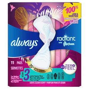  Always Radiant Pads, Size 3, Light Clean Scent, Extra Heavy Flow, 11/Pack 