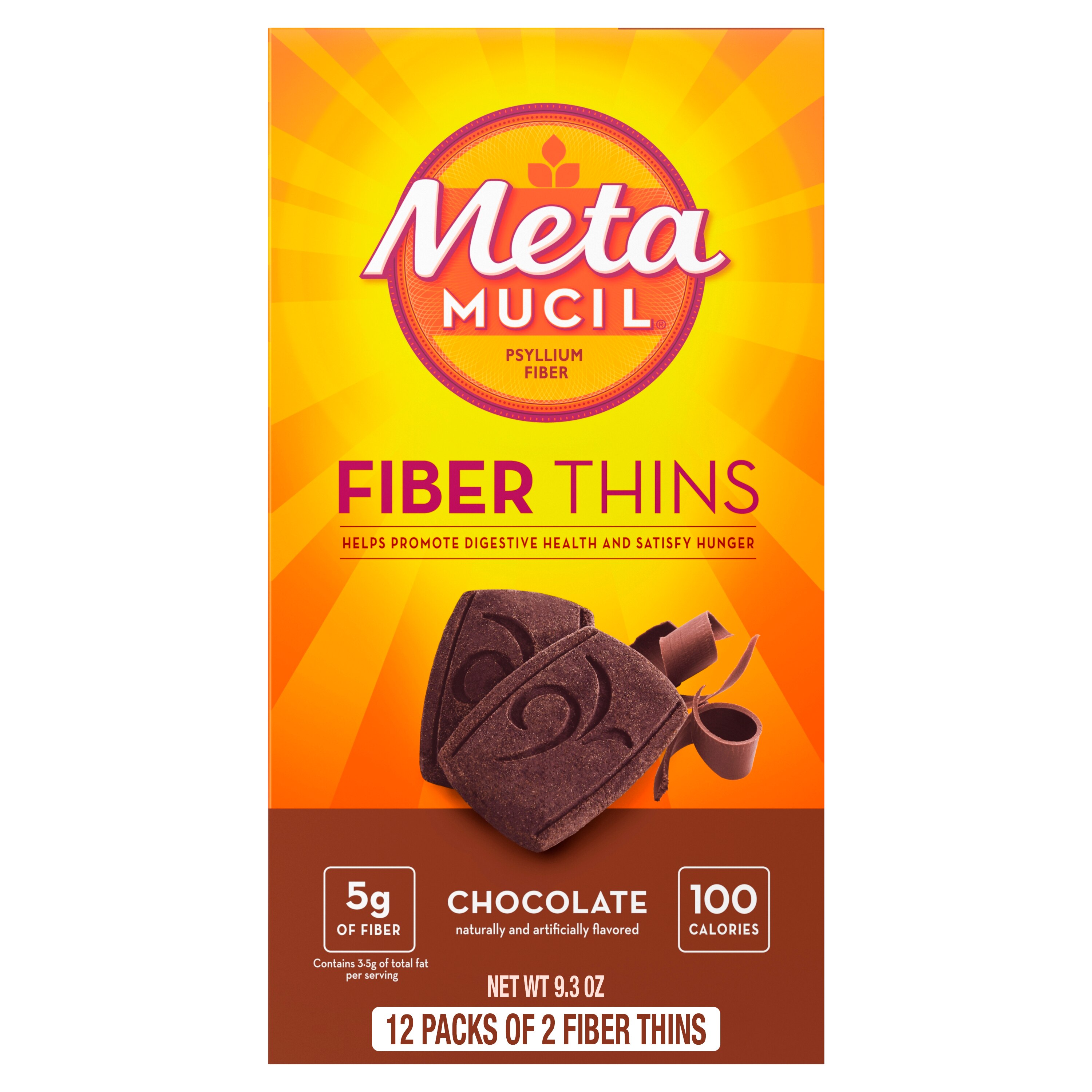 Metamucil Fiber Thins Psyllium Husk Fiber Supplement, Digestive Health Support and Satisfy Hunger, Chocolate Flavor, 12 Servings