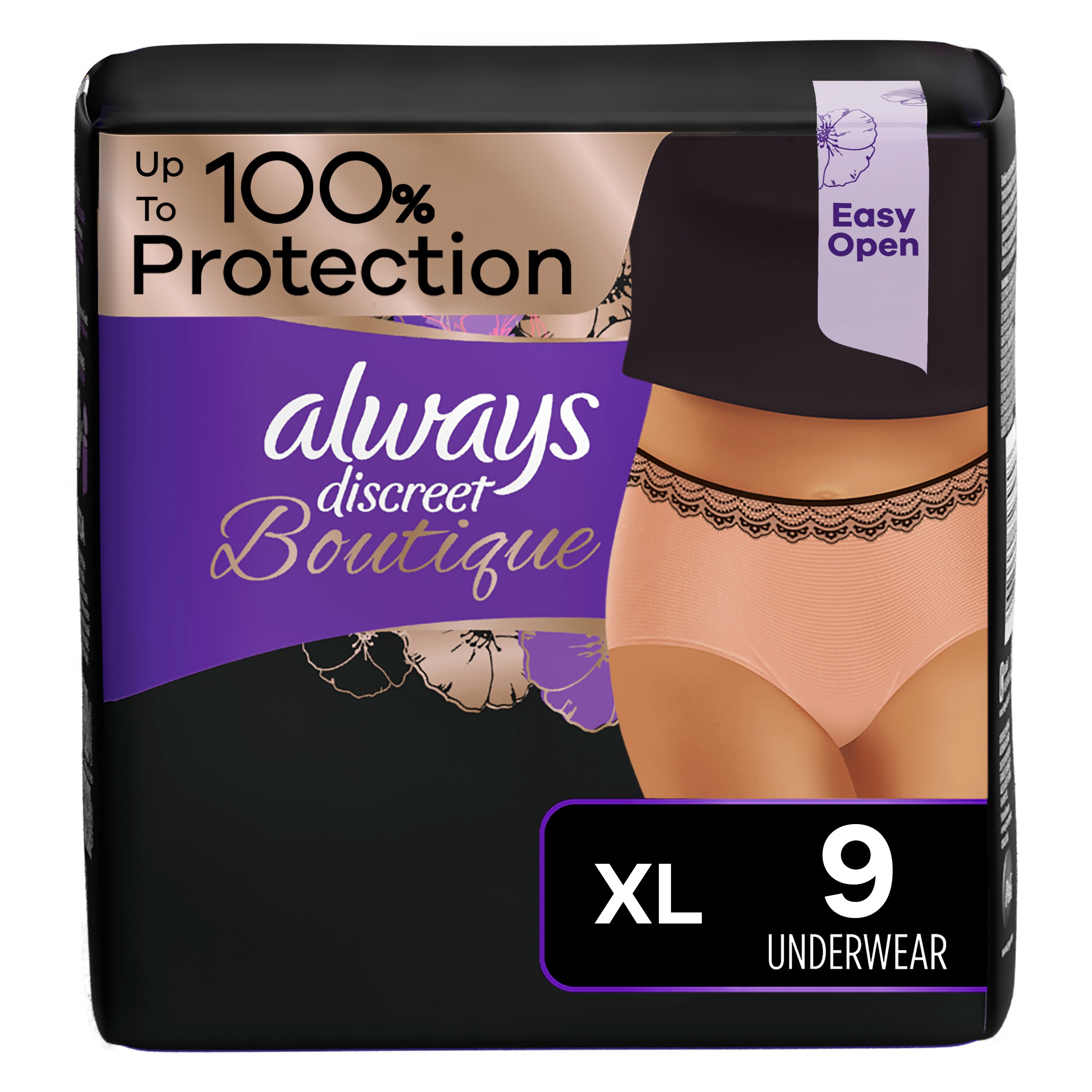 Discreet Always Discreet Boutique, Incontinence Underwear for Women, Maximum Protection, Peach, XL, 9 CT
