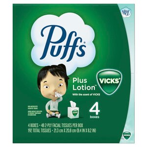 Puffs Plus Lotion with the Scent of Vick's Facial Tissues, 4 Cubes, 48 Tissues per Cube