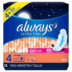 Always Ultra Thin Size 4 Pads with Wings, Unscented, Overnight