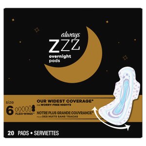 Always ZZZ Overnight Pads for Women Size 6 Unscented with Wings, 20 CT