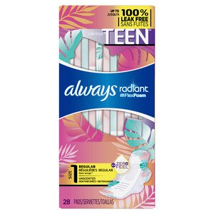 Always Radiant Teen Pads, Regular Absorbency, Unscented, 28 Count 