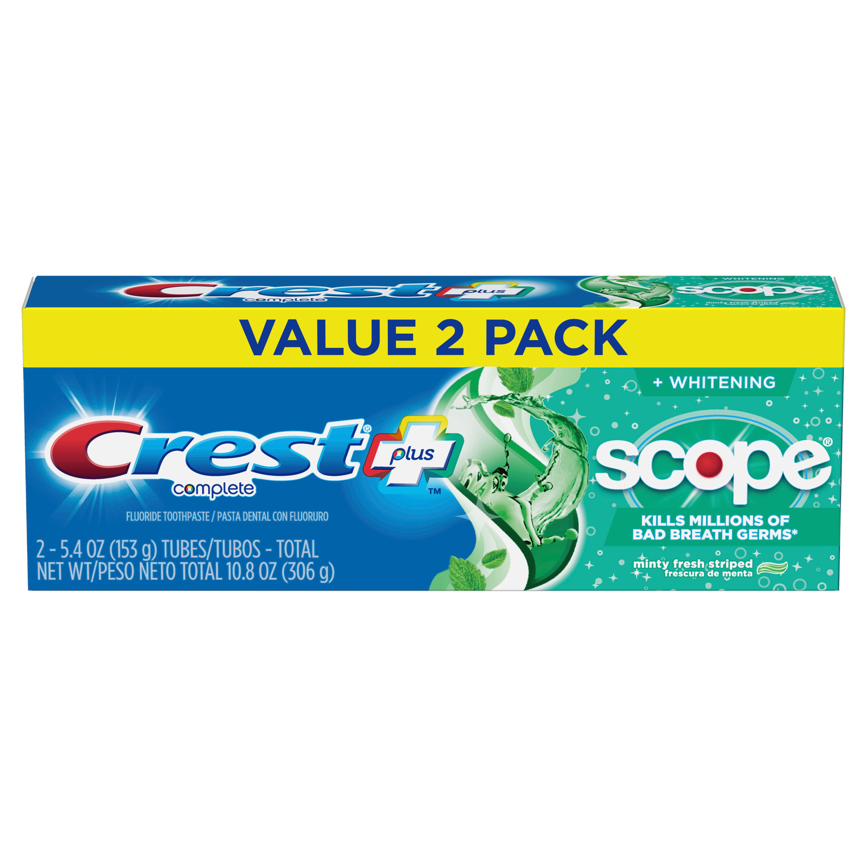 Crest Complete Whitening + Scope Multi-Benefit Minty Fresh Striped - Pasta dental, paquete de dos, 12.4 oz