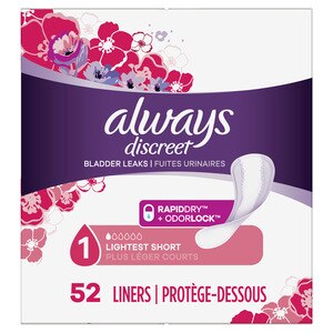 Always Discreet Incontinence Liners, Lightest Short Absorbency, 52 Count - 52 Ct , CVS