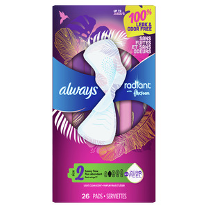 Always Radiant Size 2 Pads with Wings, Scented, Heavy, 36 Count