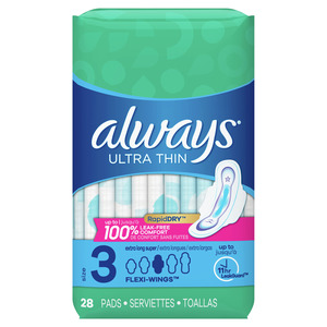 Always Ultra Thin Extra Long Size 3 Pads with Wings, Unscented, Super, 28 Count