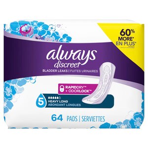Always Discreet Incontinence and Postpartum Pads for Women, Heavy Absorbency, Long Length, 64 Count