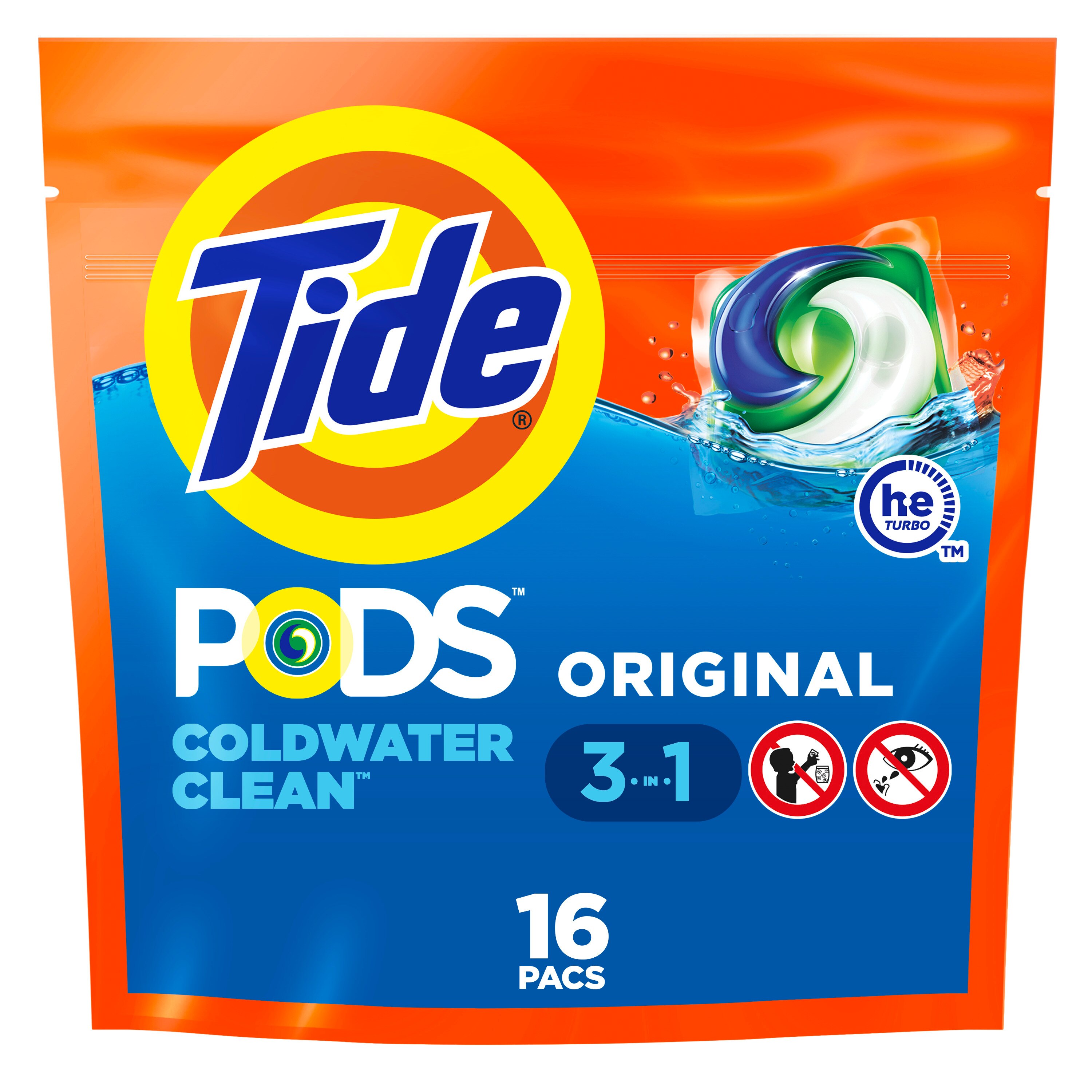 Tide PODS Liquid Laundry Detergent Soap Pacs, HE Compatible, 16 Count, Powerful 3-in-1 Clean in one Step, Original Scent