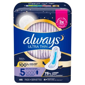 Always Ultra Thin Size 5 Pads with Wings, Unscented, Extra Heavy Overnight