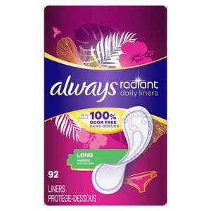 Always Radiant Daily Liners Long Absorbency, Up to 100% Odor-free, 92 CT