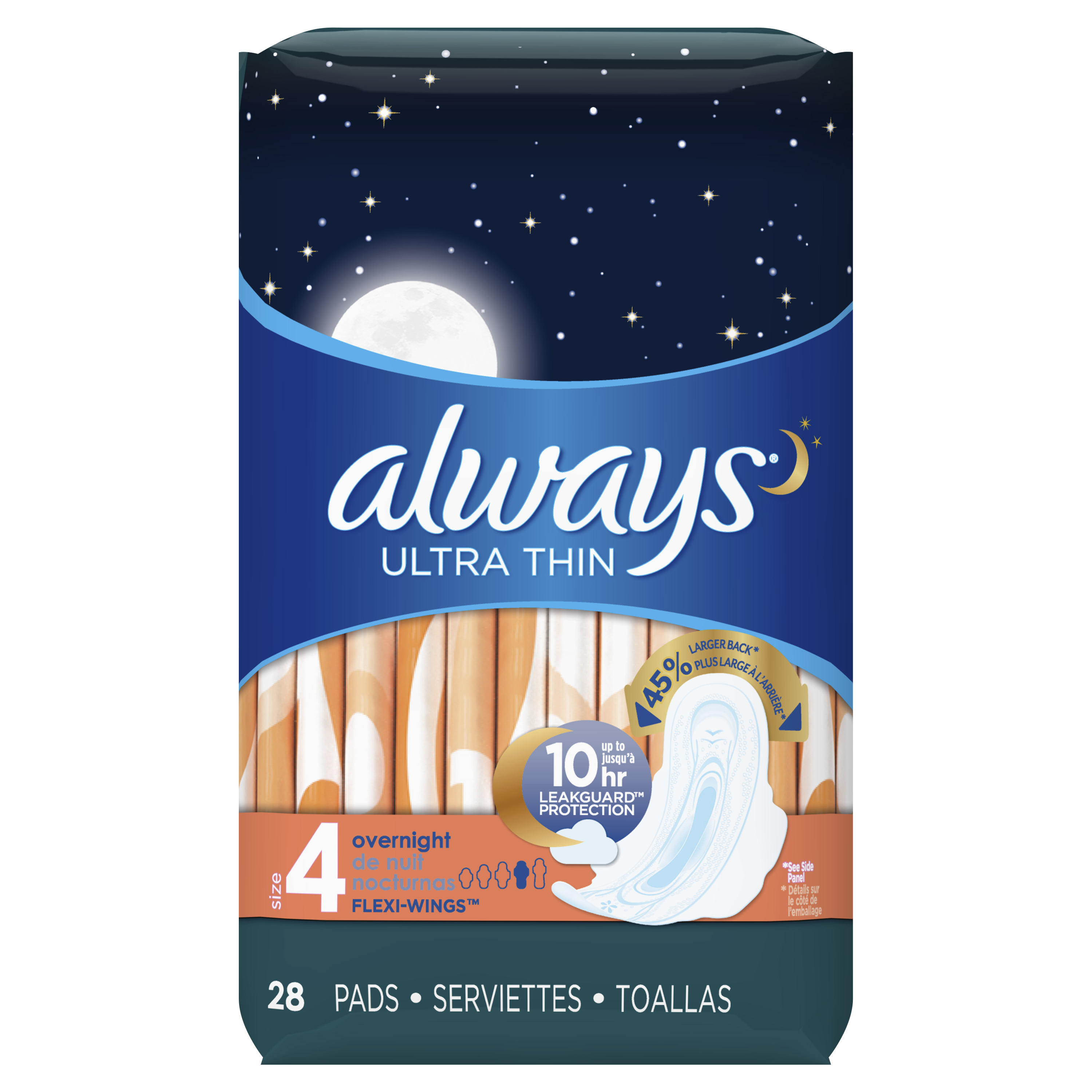 Always Ultra Thin Size 4 Pads with Wings, Unscented, Overnight, 52 Count