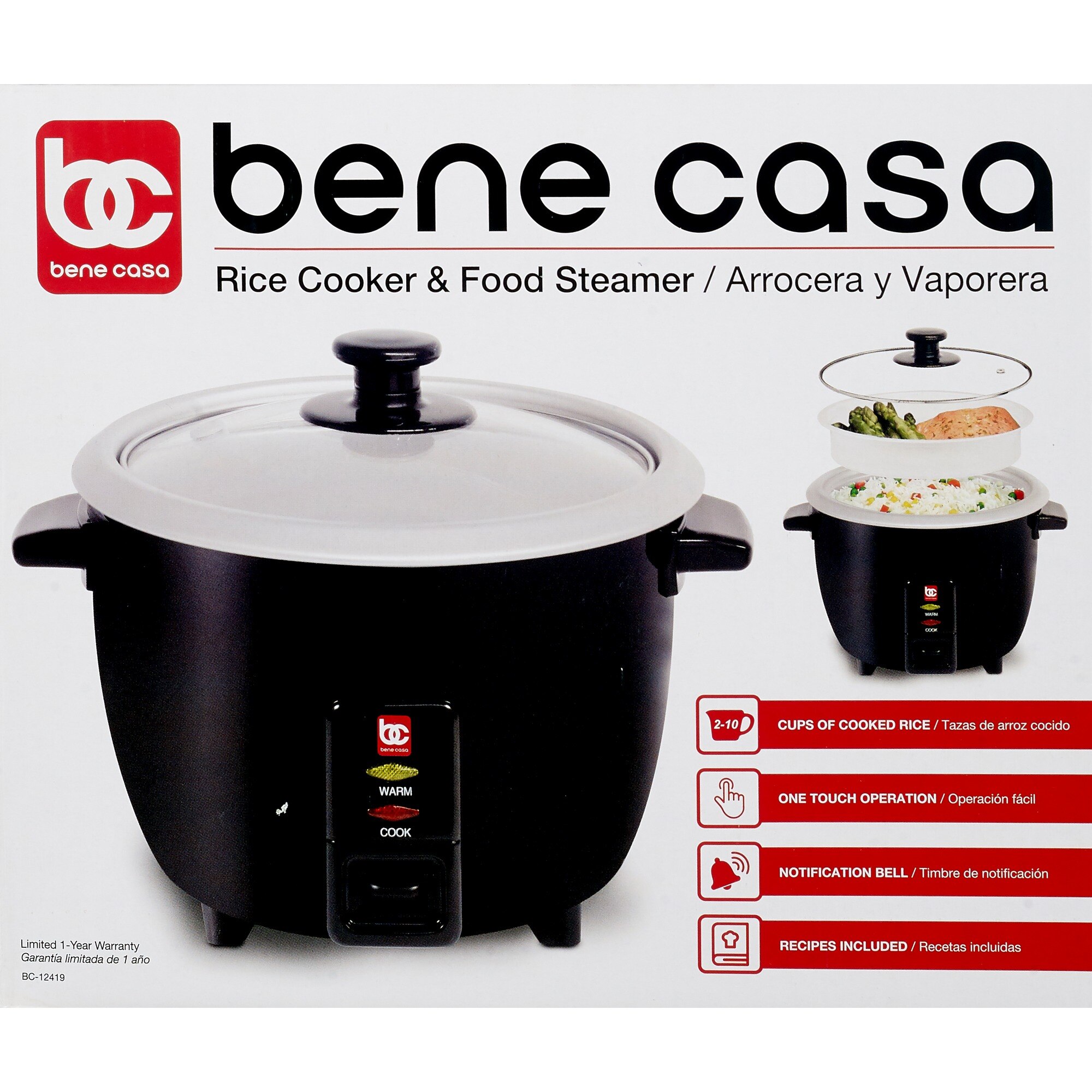 Bene Casa 6-Cup Rice Cooker w/ Glass Lid, Auto cut off, Steamer, & Kee