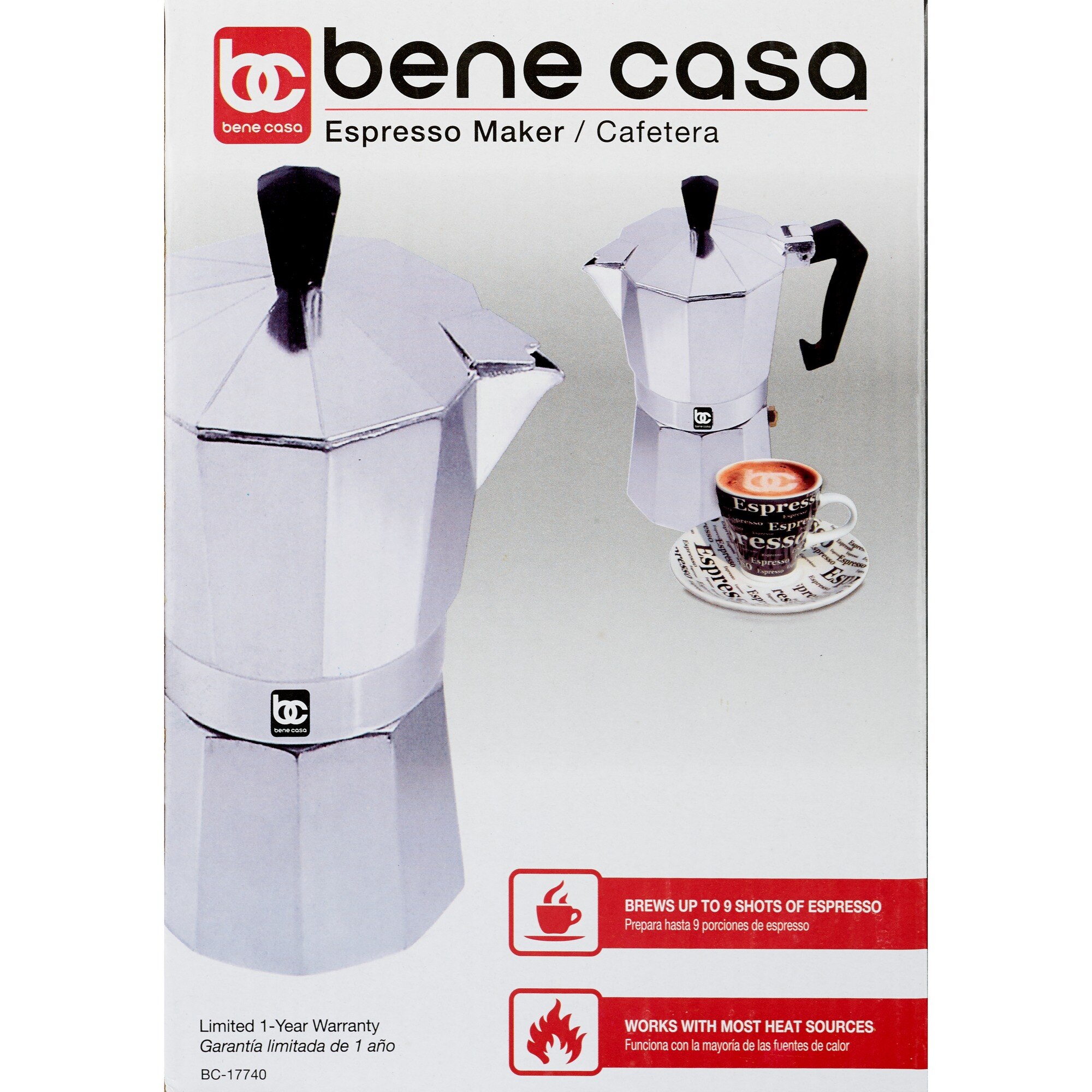 Bene Casa 1 cup aluminum, stovetop, espresso maker w/ side pour spout