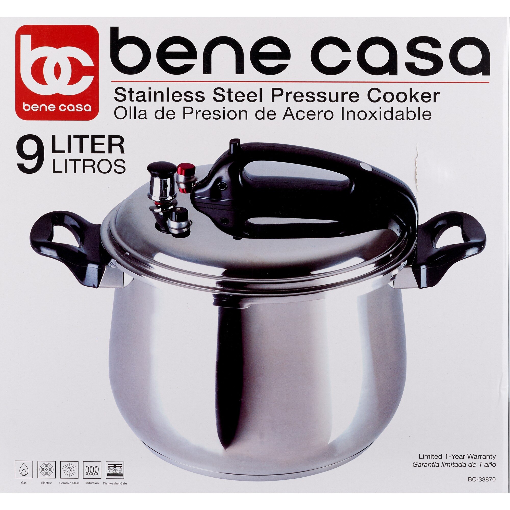 Bene Casa Stainless-Steel, 5.3-quart Pressure Cooker, 5-liter Capacity.  Olla de Presion.