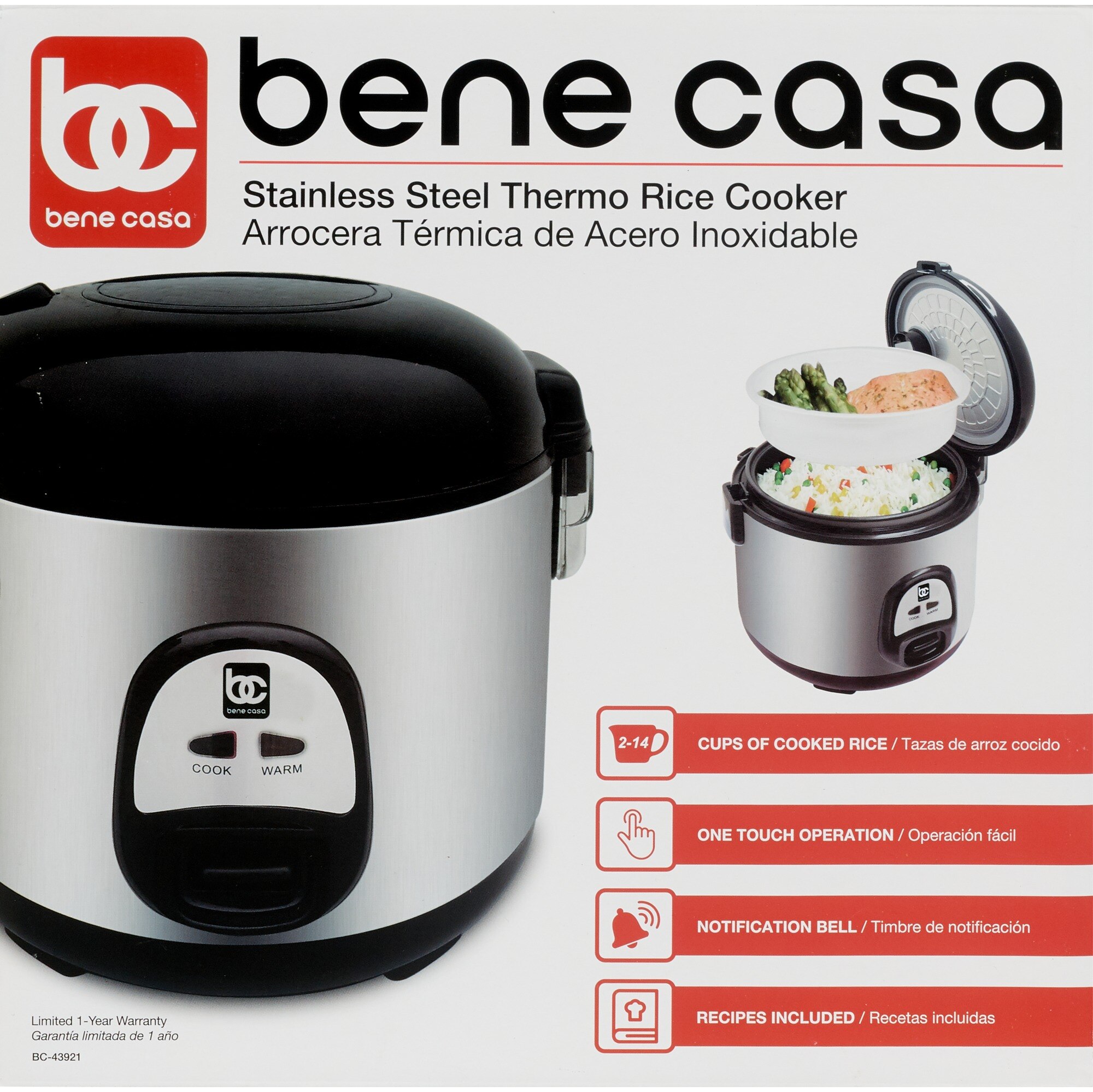 Bene Casa 3-Cup Stainless Steel Thermo Rice Cooker with Clear Lid