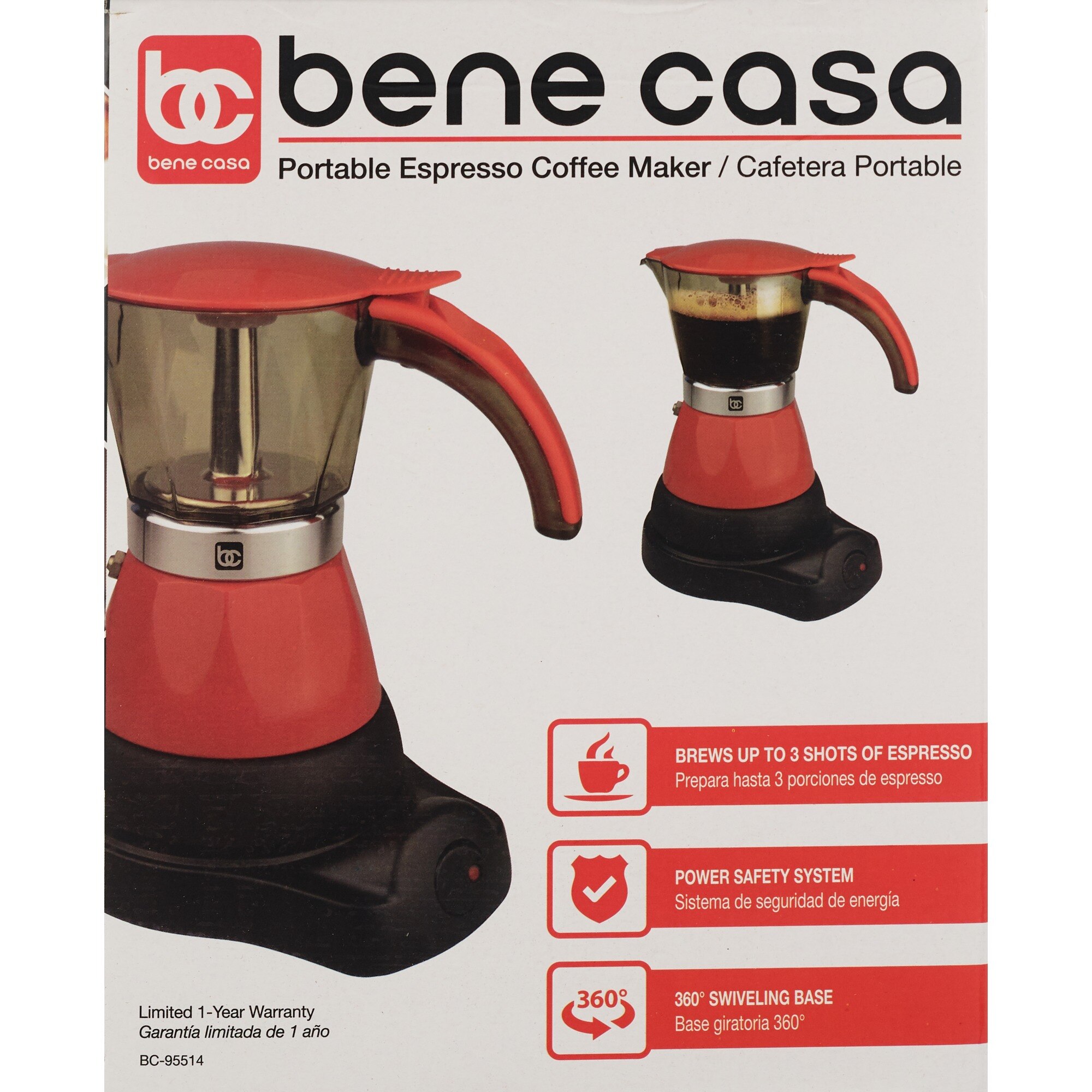 Bene Casa - Electric Espresso Maker 1-3 Cup Red, Cafetera Electrica Roja de  3 Tasa Model BC-95514.