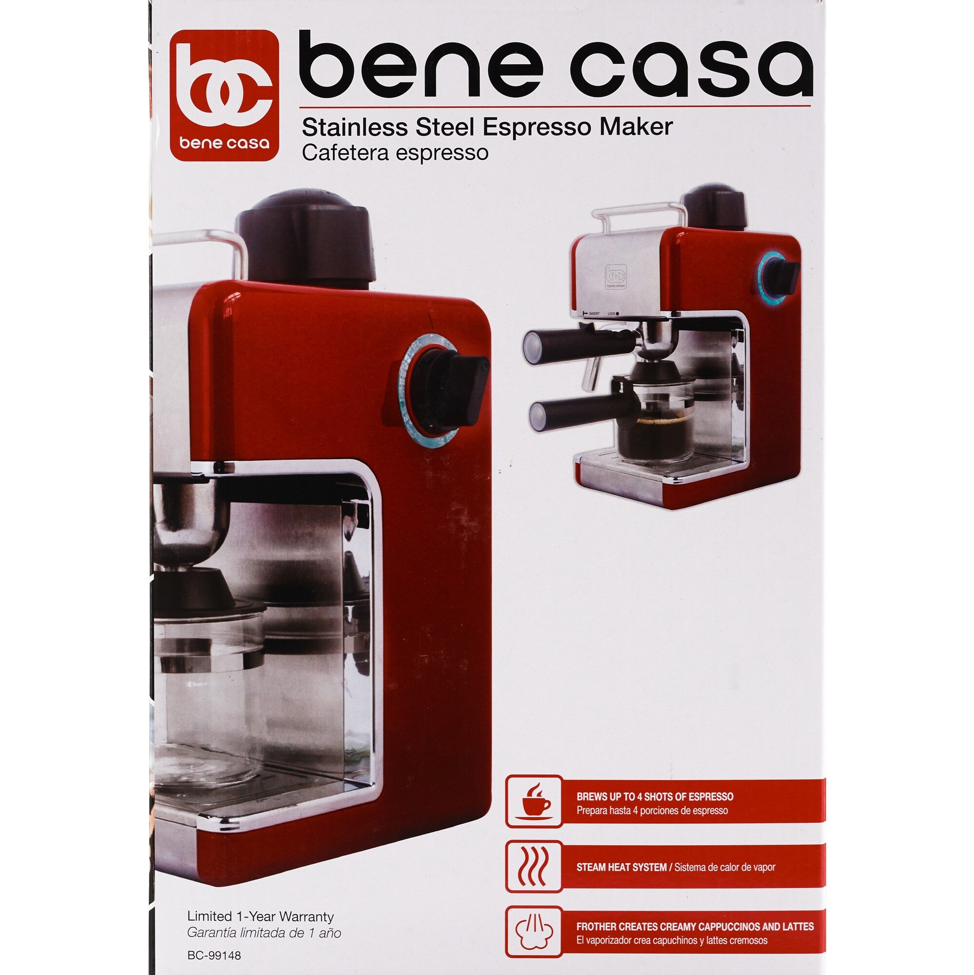 Bene Casa Espresso Machine Maker with Frother, Red