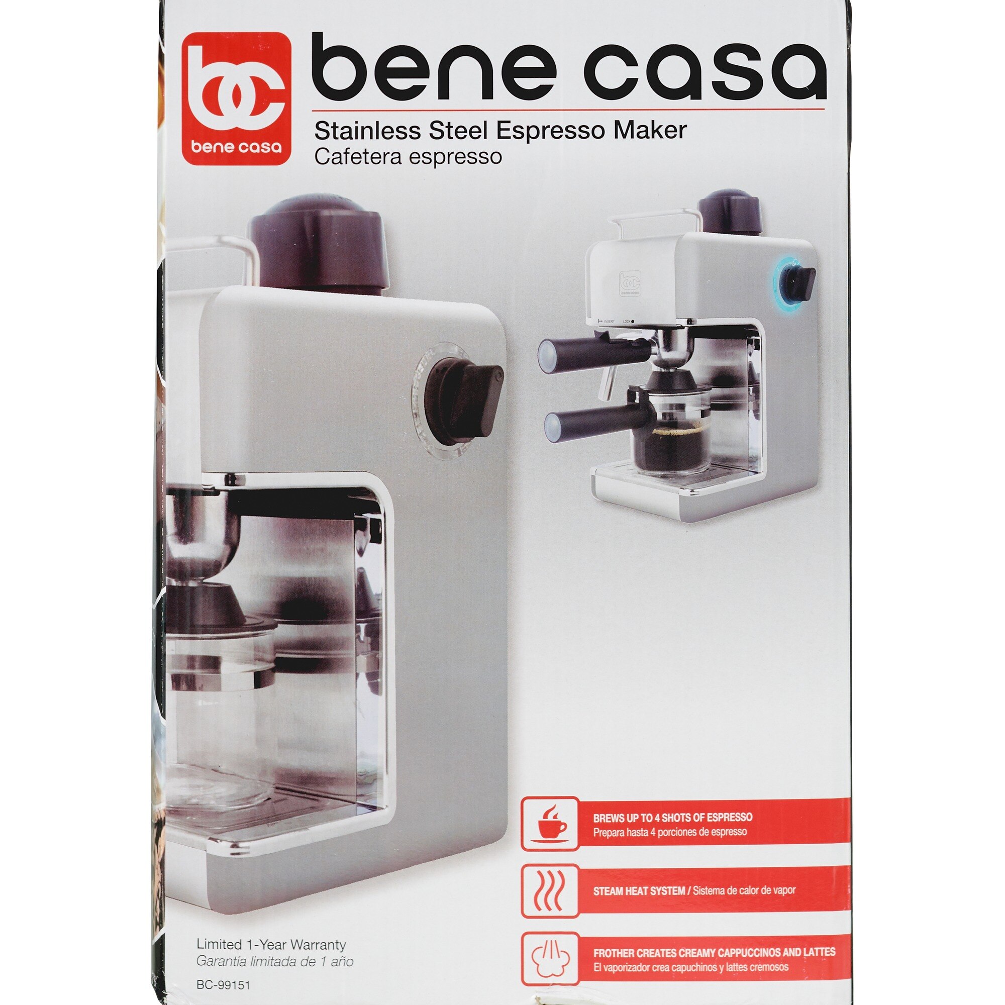 Bene Casa 4-cup espresso maker, black, milk frother, glass carafe coffee  maker, cappuccino maker, easy clean coffee maker 