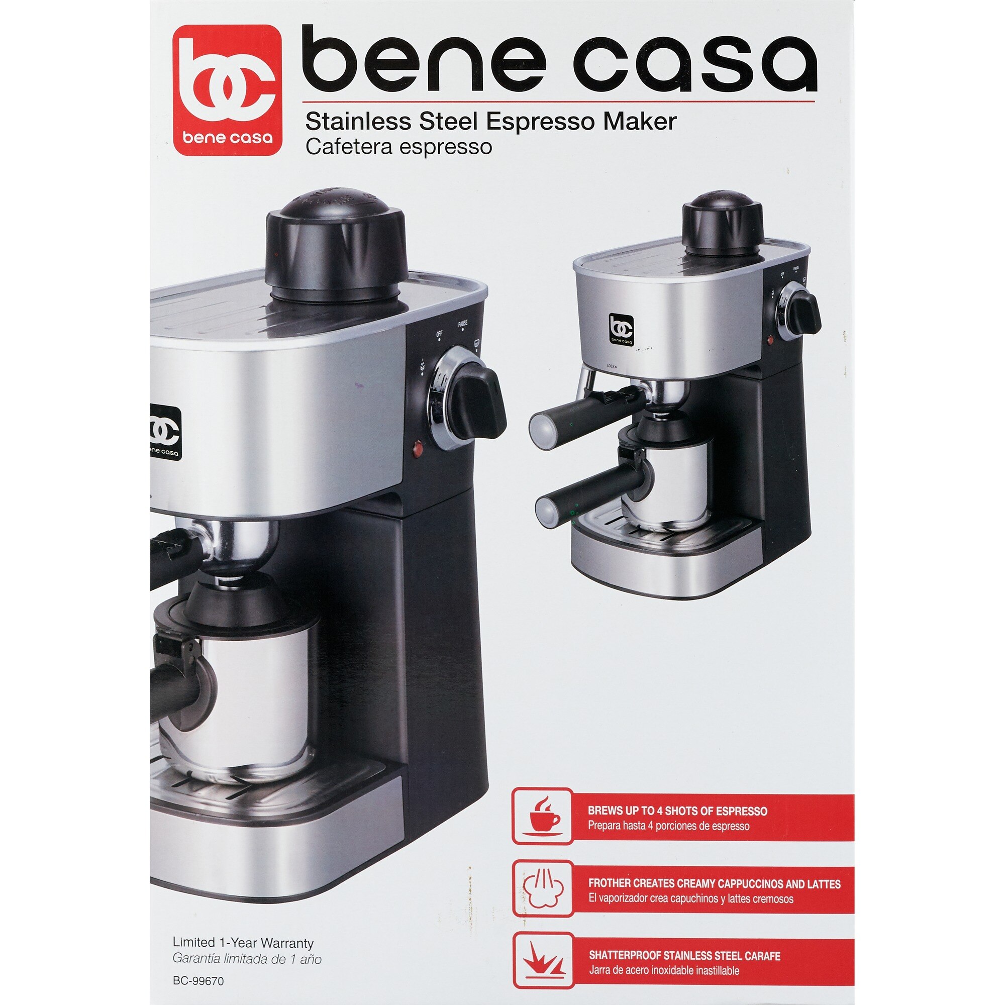 Bene Casa 4 Cup Electric Espresso Maker with Milk Frother 