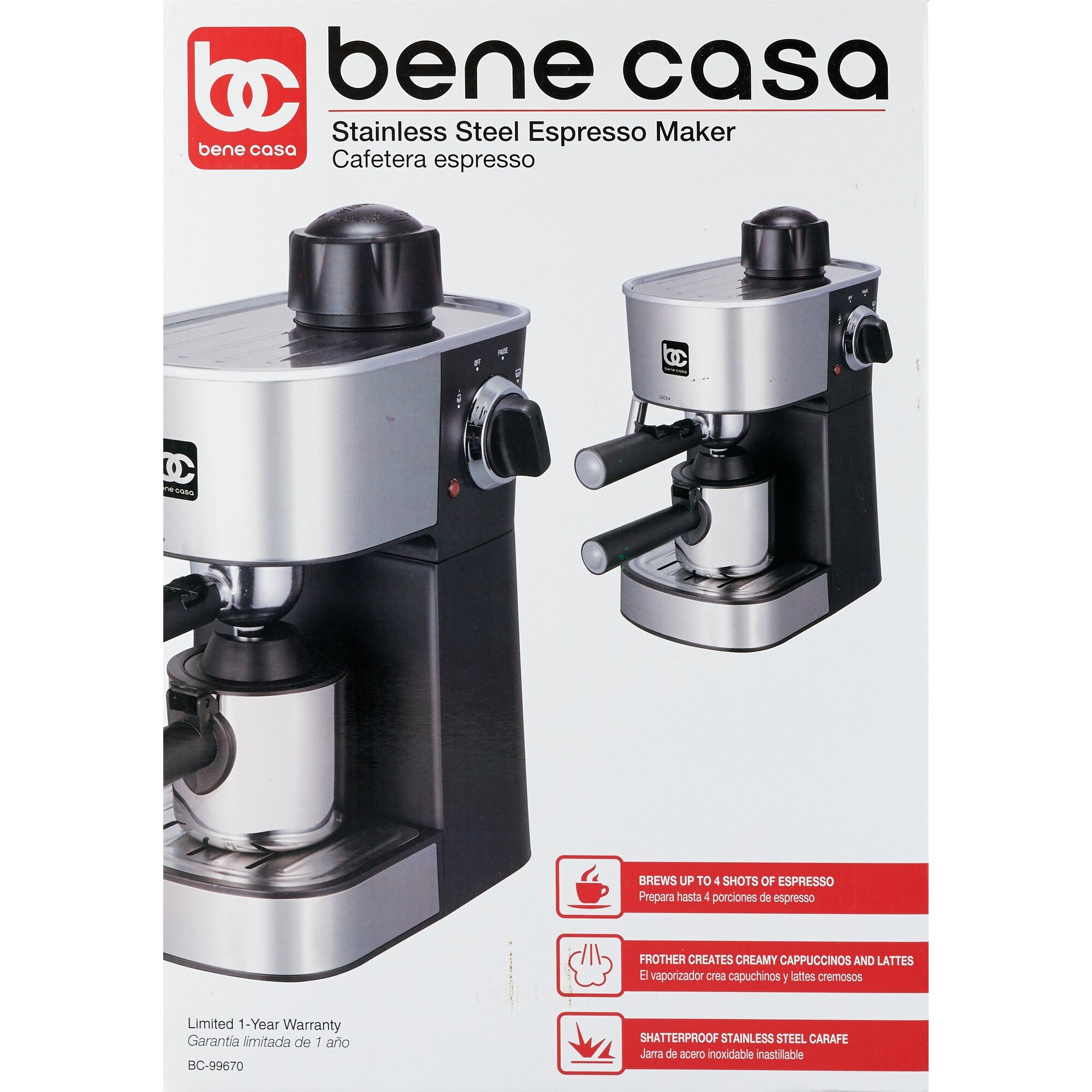 Bene Casa 4-cup espresso maker; milk frother, cappuccino, coffee, latt