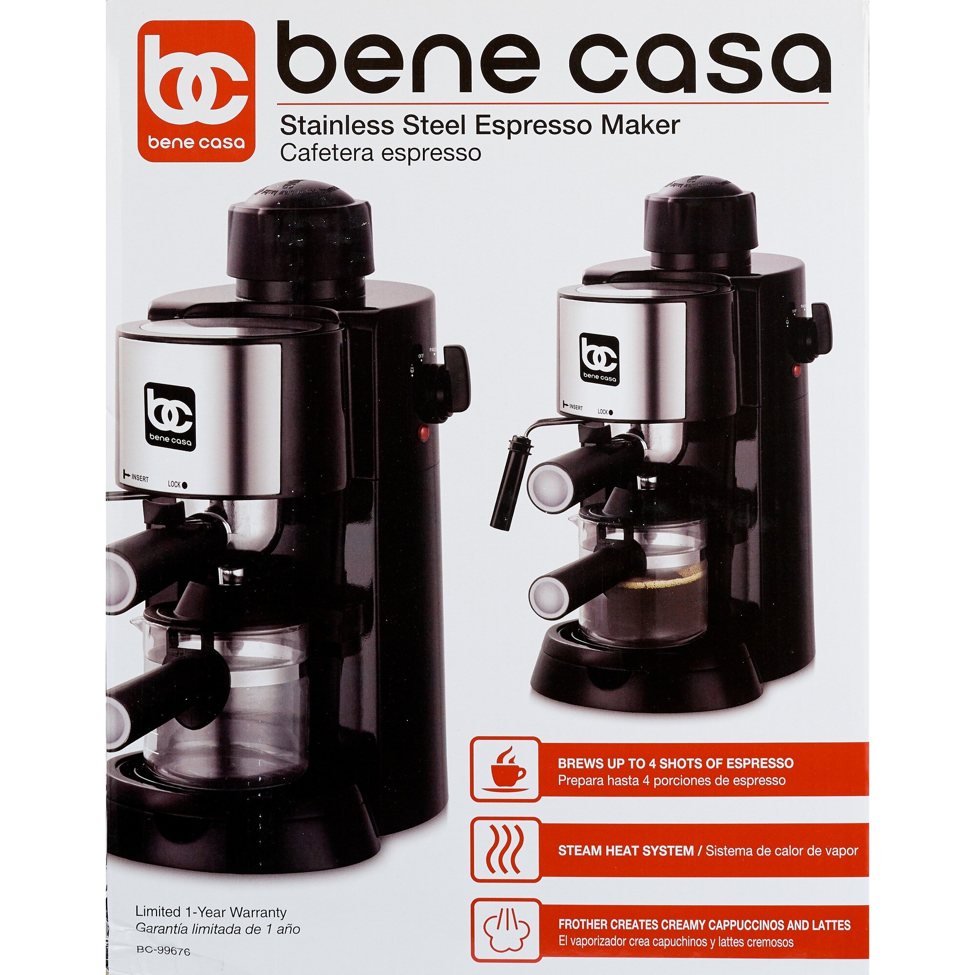 Bene Casa 4-cup electric espresso maker with milk frother, black