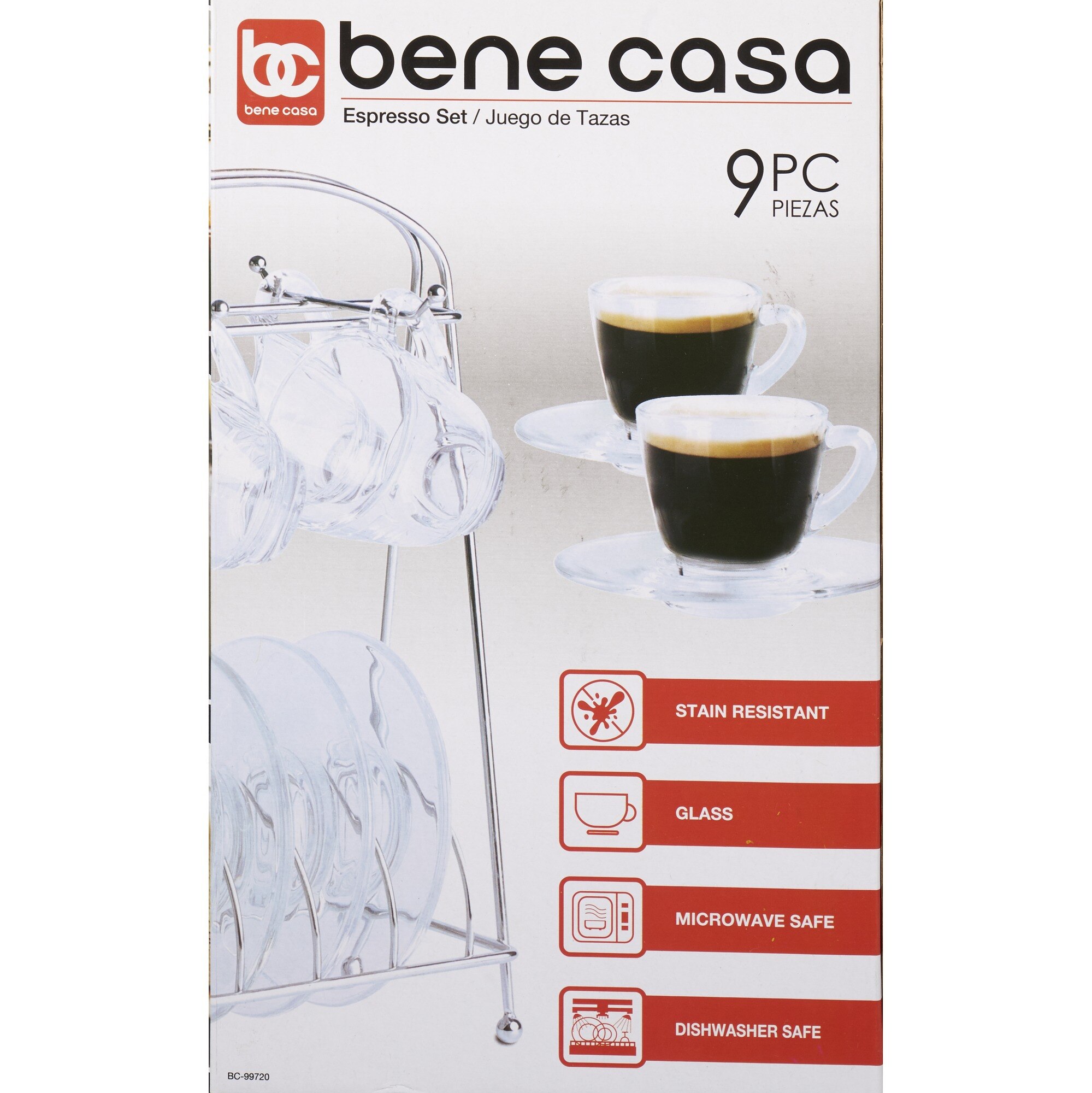 Bene Casa Espresso Set With Rack, Clear Glass, 9 PC , CVS