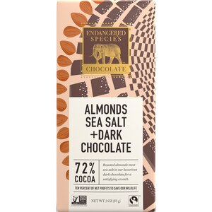 Endangered Species Chocolate, Dark Chocolate with Sea Salt + Almonds, 3 OZ
