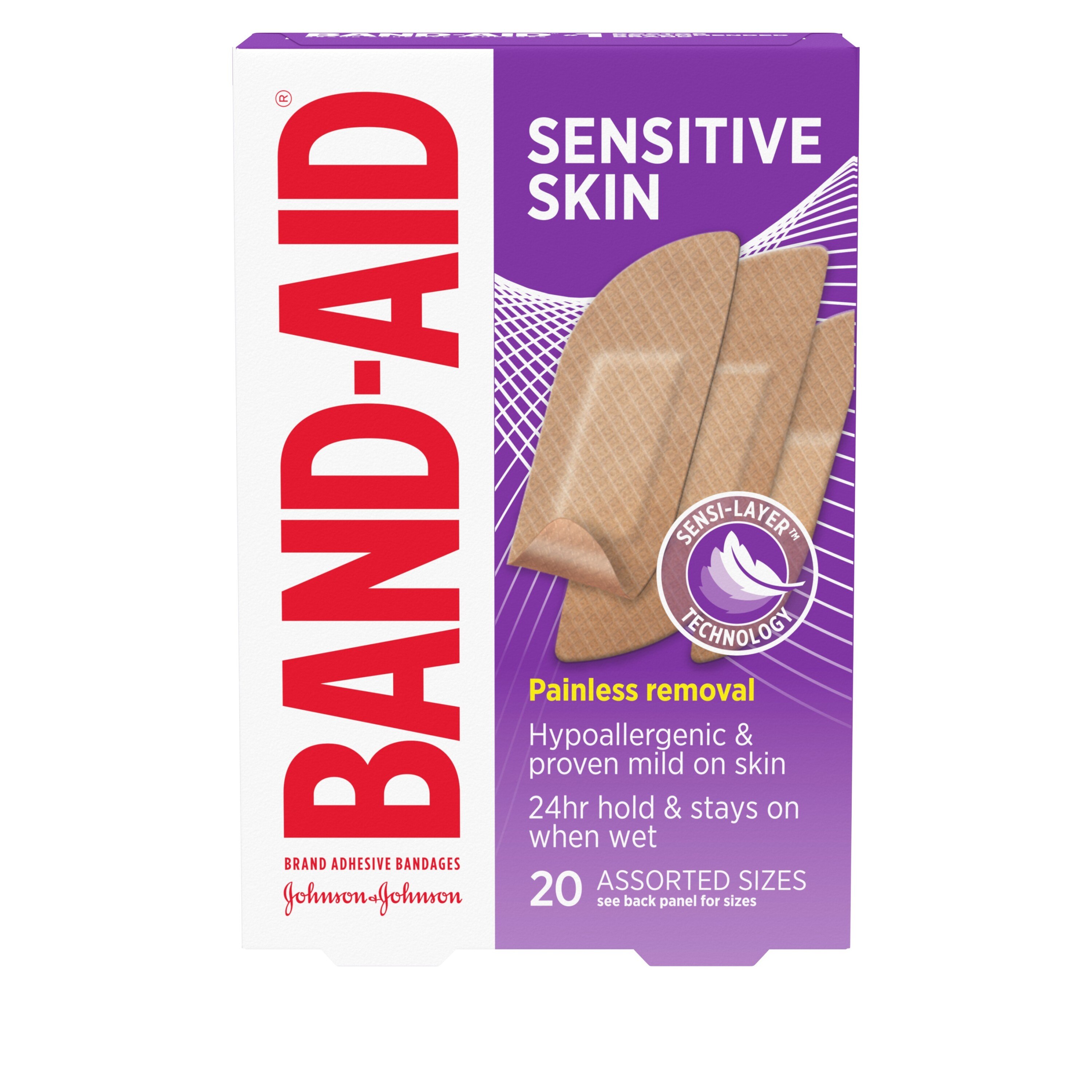 Band-Aid Brand Adhesive Bandages for Sensitive Skin, Assorted Sizes, 20 CT