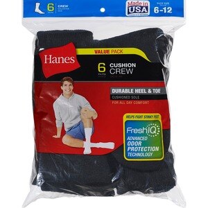 Hanes Men's Cusion Black Socks Size 6-12