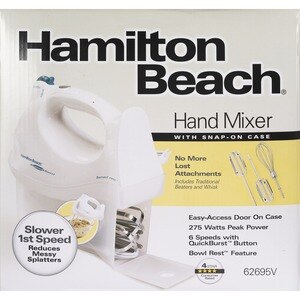 Hamilton Beach 6-Speed Electric Hand Mixer with Whisk, Traditional Beaters,  Snap-On Storage Case, White