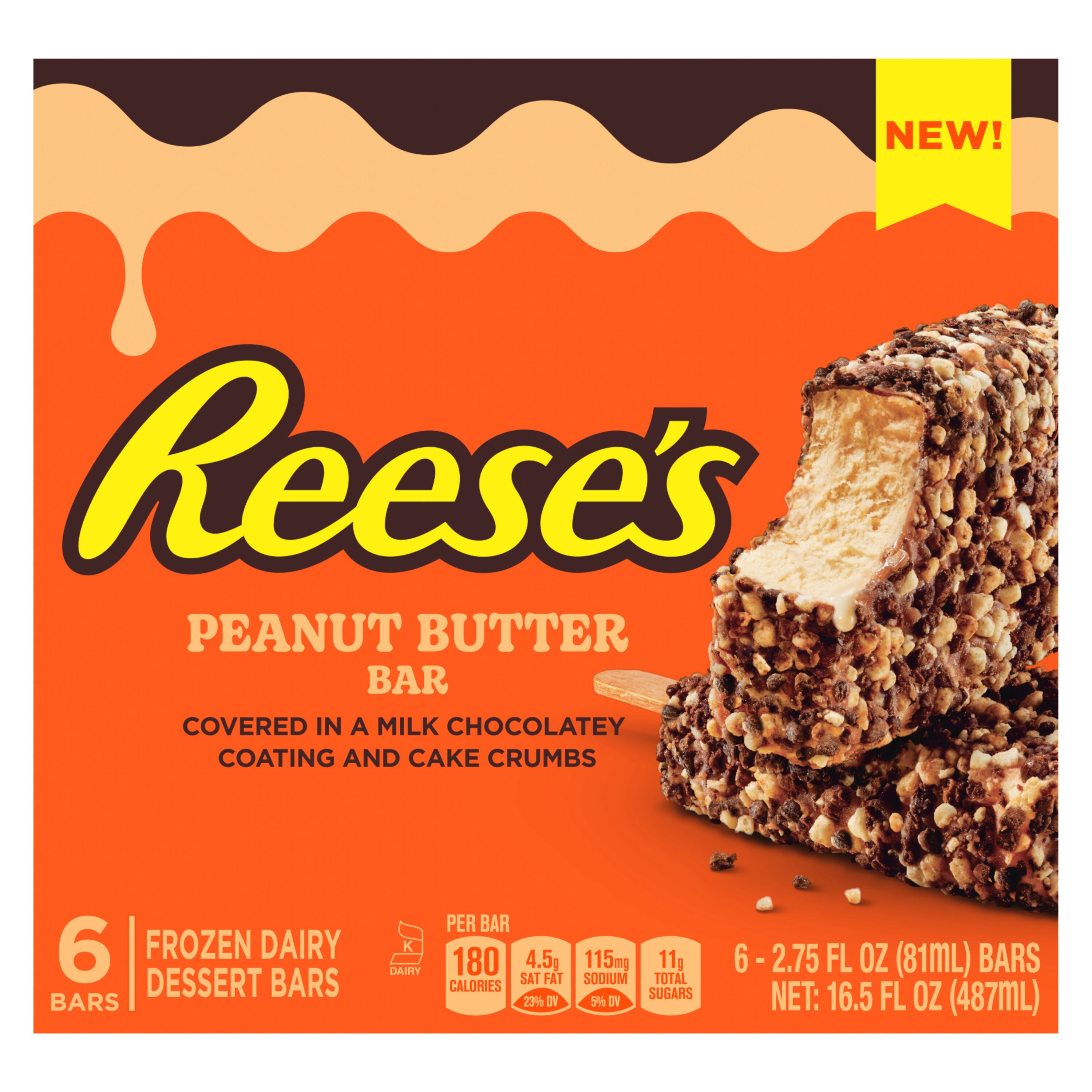 Reese's  Milk Chocolatey Coating and Cake Crumbs Peanut Butter Frozen Dairy Dessert Bar, 6 CT