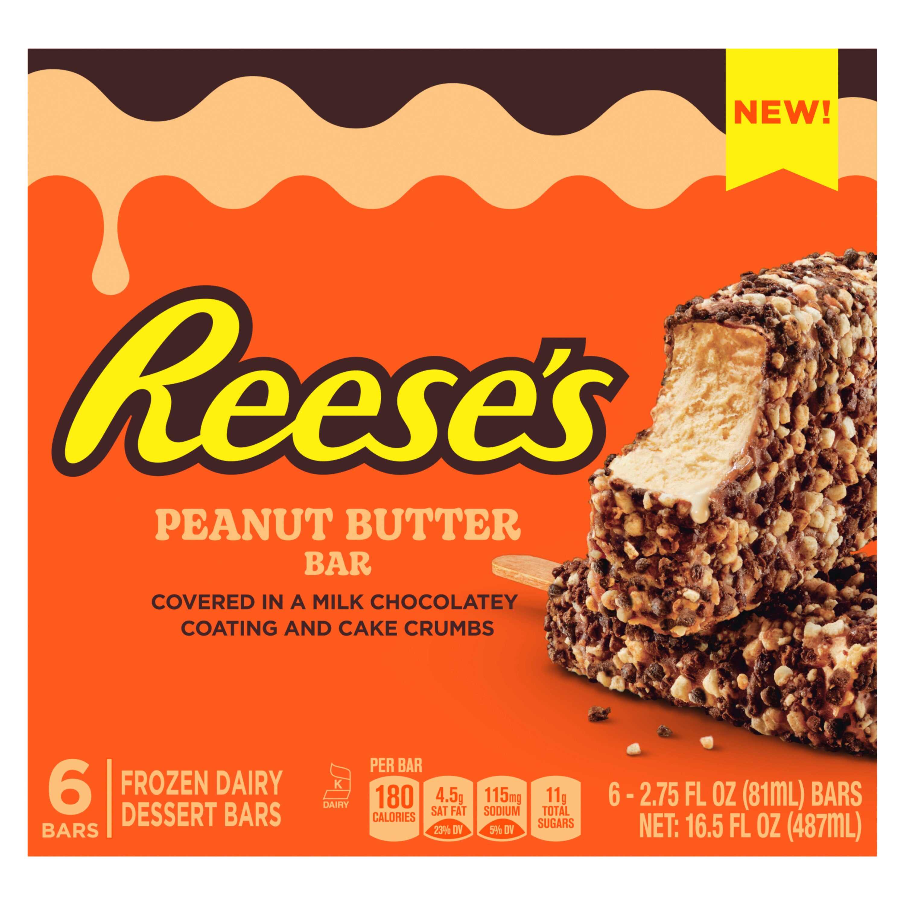 Reese's Milk Chocolatey Coating and Cake Crumbs Peanut Butter Frozen Dairy Dessert Bar, 6 CT