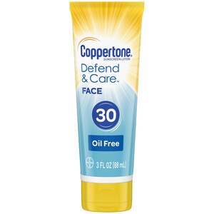 Coppertone Defend & Care - Loción de protección solar para el rostro no grasa, amplio espectro, FPS 30, 3 oz