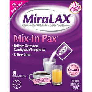 MiraLAX Mix-In Pax Single Dose Packets Unflavored/Grit Free Laxative Powder, 0.5 OZ, 20CT
