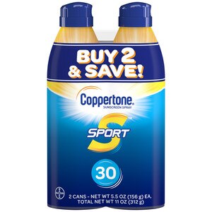 Coppertone SPORT Continuous Sunscreen Spray Broad Spectrum SPF 30, Twin Pack, 5.5 OZ