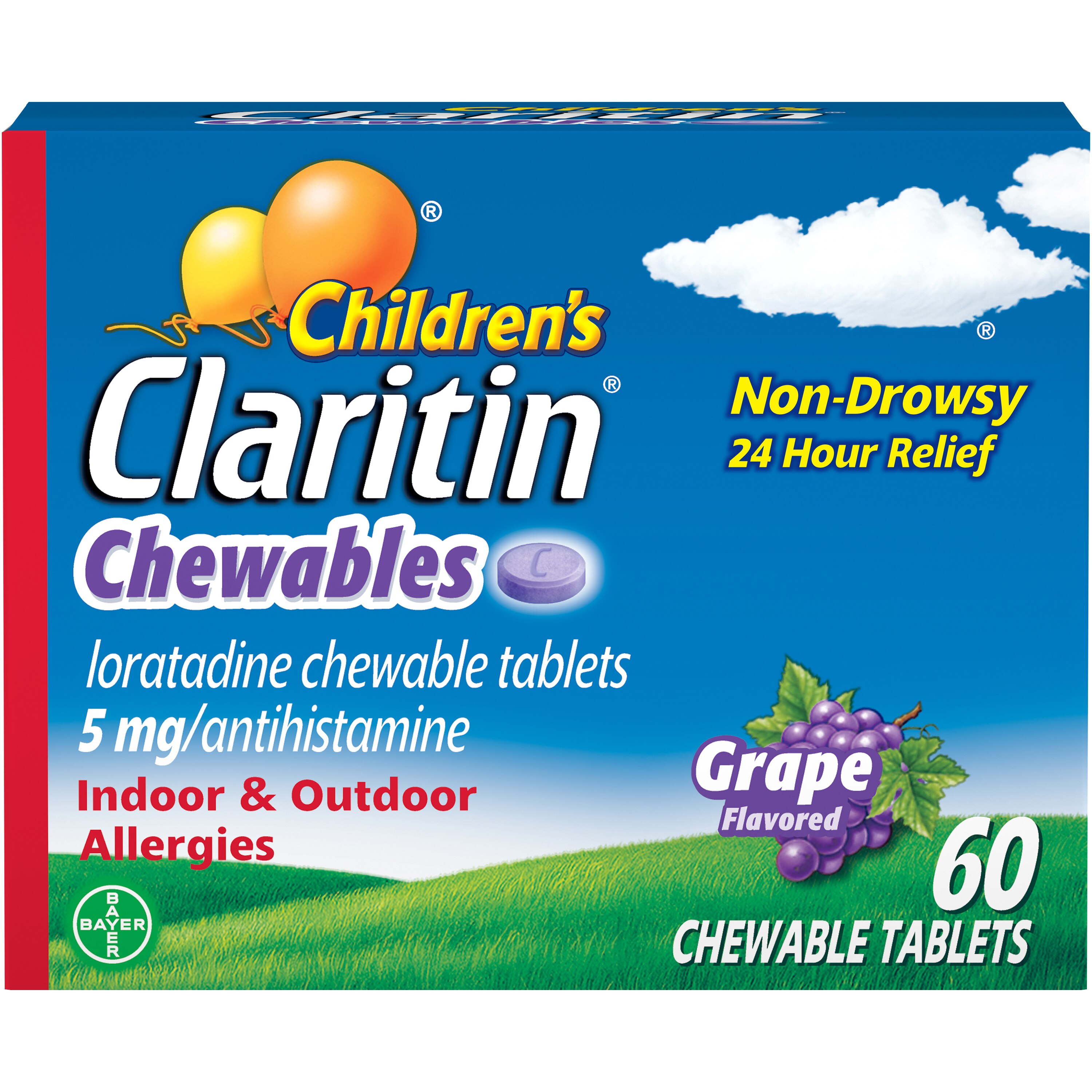  Claritin Children's 24 Hour Chewable Allergy Medicine for Kids, Non-Drowsy Allergy Relief, Loratadine Antihistamine, Grape Flavored Tablets, 60 Count 