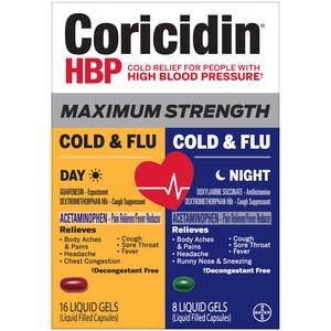 Coricidin HBP, Maximum Strength - Remedio para el resfriado, la tos y la gripe en cápsulas de gel, día+noche, 24 u.