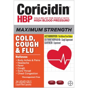 Coricidin HBP, Maximum Strength Cold, Cough & Flu Liquid Gels, 24 CT