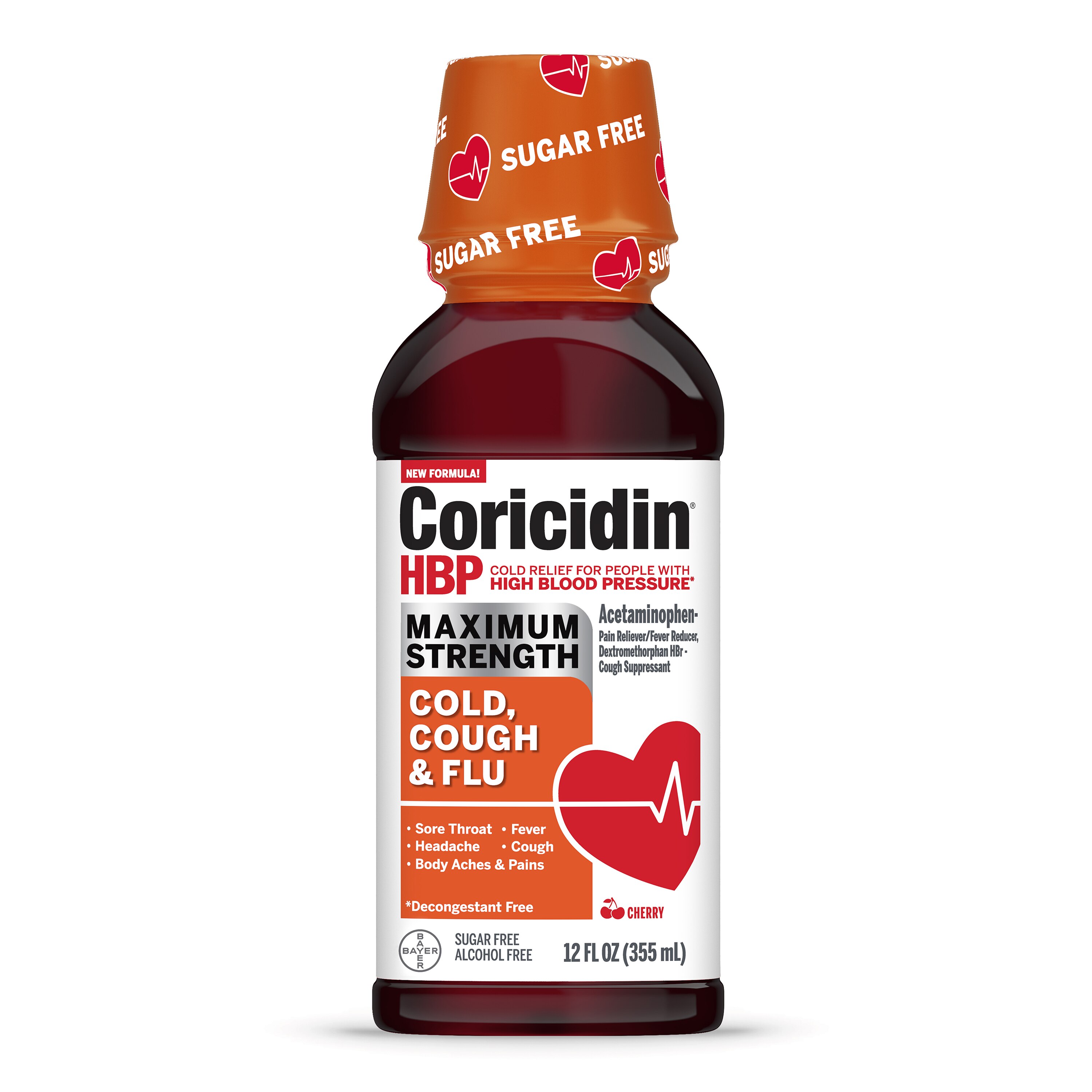 Coricidin HBP Maximum Strength Cold, Cough & Flu - Jarabe para el alivio del resfriado, tos y gripe, sin azúcar, 12 oz