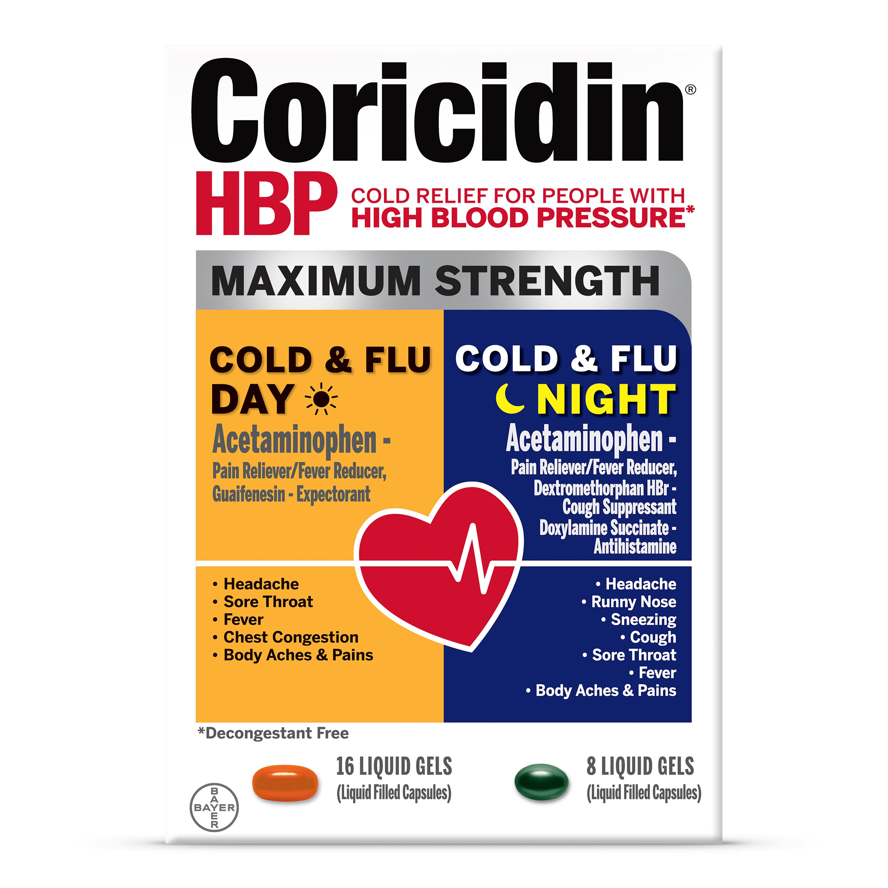 Coricidin HBP, Maximum Strength Cold & Flu Day+Night Liquid Gels, 24 Ct , CVS