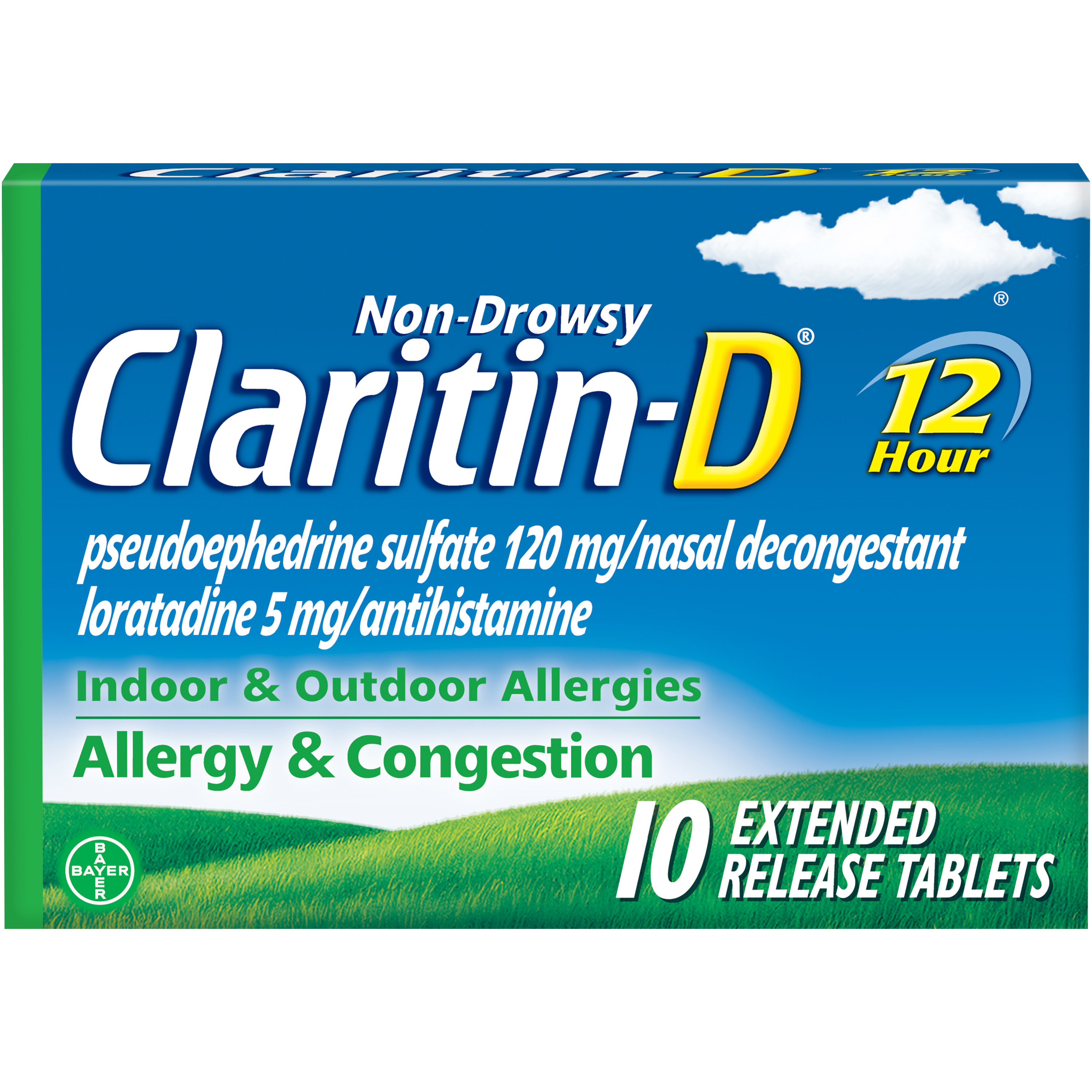 Claritin-D 12 Hour Non-Drowsy Indoor & Outdoor Allergies, Allergy & Congestion Extended Release Tablets, 10 Count