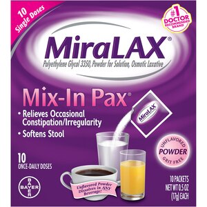 MiraLAX Mix-In Pax - Laxante en polvo en paquetes de dosis individuales, sin sabor y sin grumos, 10 u.