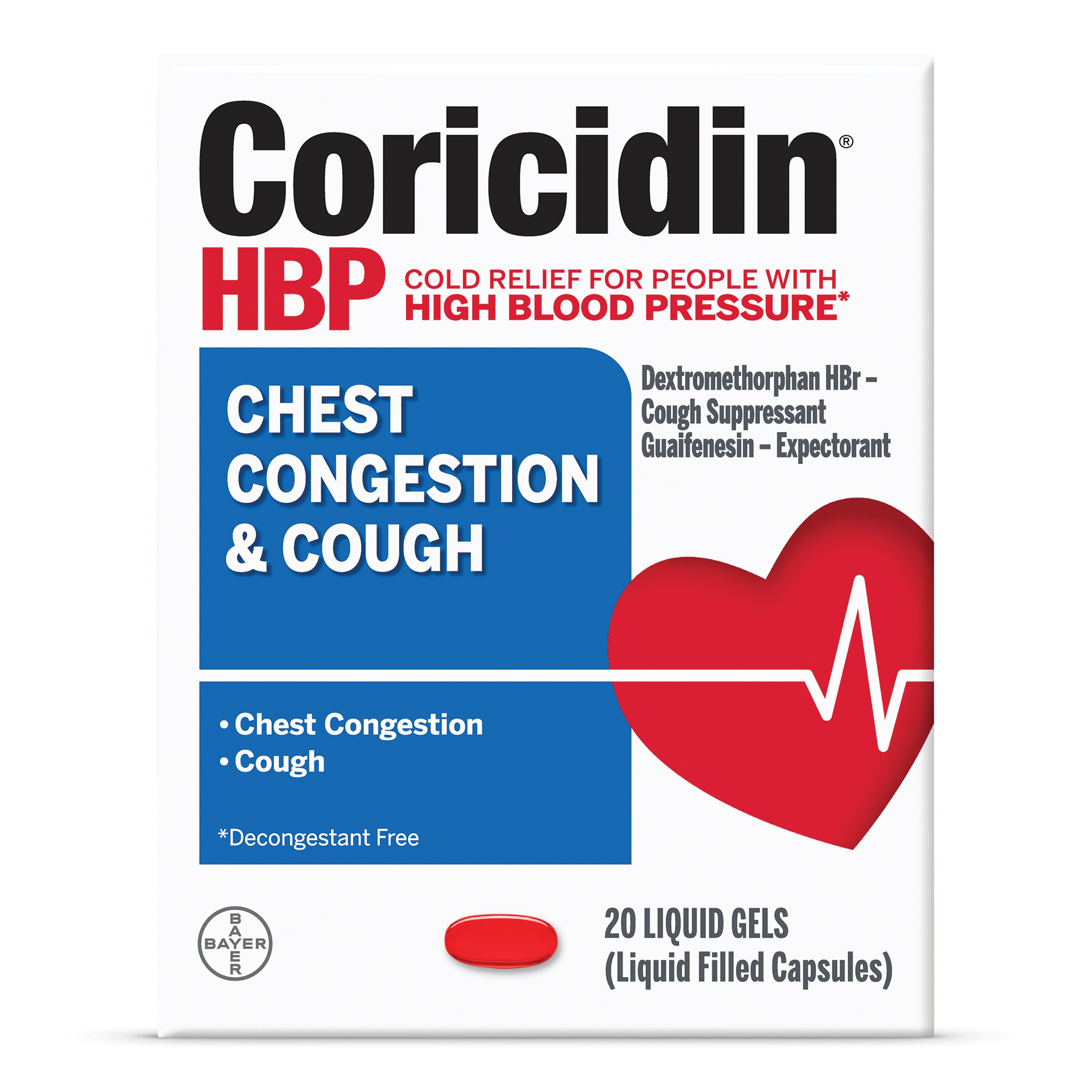 Coricidin HBP, Decongestant-Free Cold Symptom Relief, Chest Congestion & Cough Liquid Gels, 20 CT