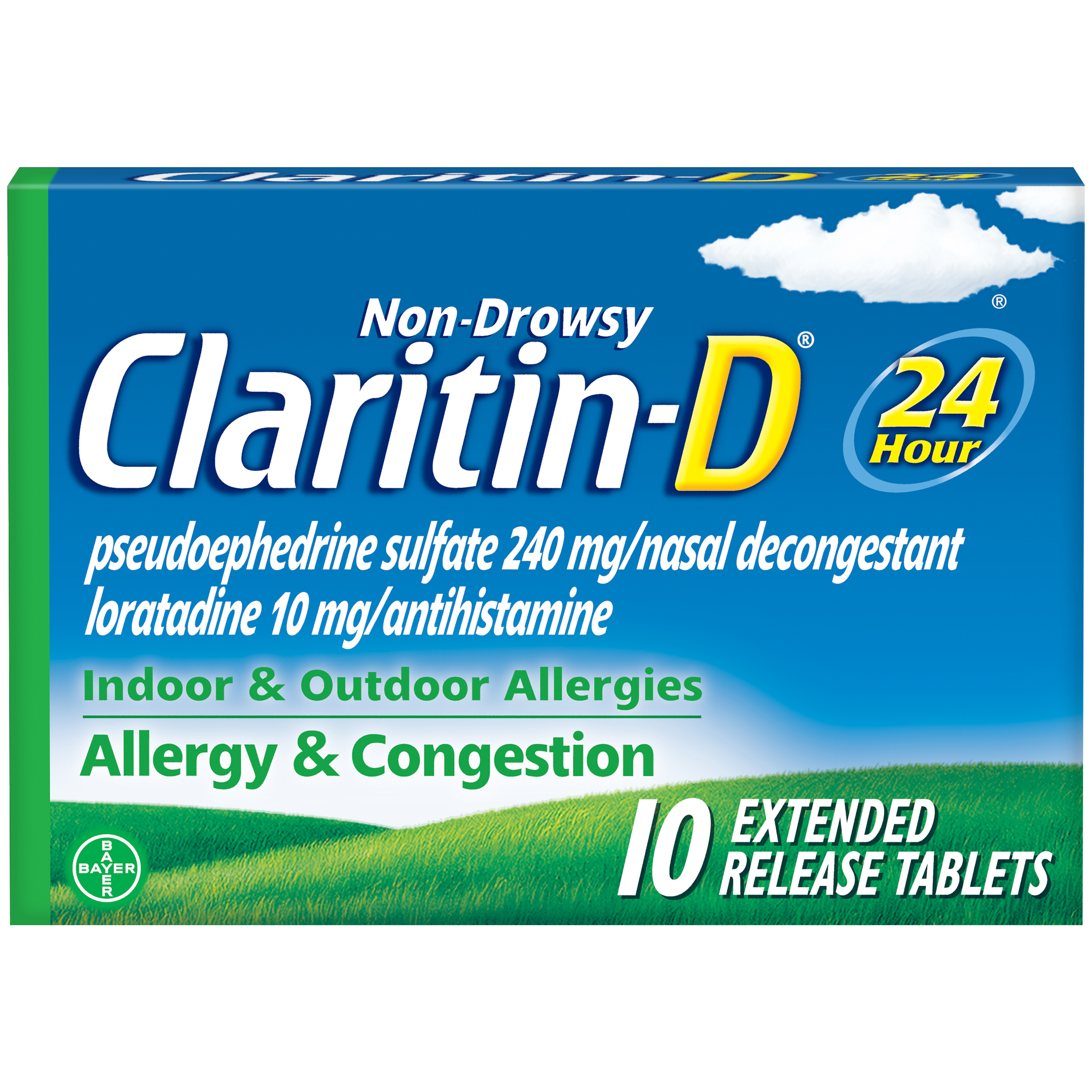 Claritin-D 24 Hour Non-Drowsy Indoor & Outdoor Allergies, Allergy & Congestion Extended Release Tablets, 10 Count