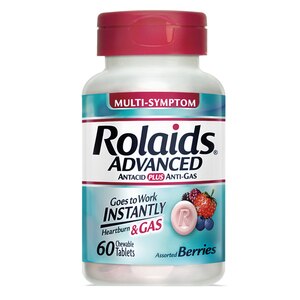 Rolaids Advanced - Antiácido y alivio de gases en tabletas masticables, Mixed Berries, 60 u.