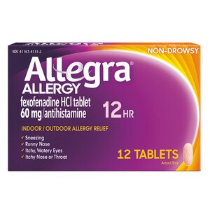 Allegra - Antihistamínico en tabletas para aliviar la alergia por 12 horas, no produce somnolencia, para adultos, 60 mg, 12 u.