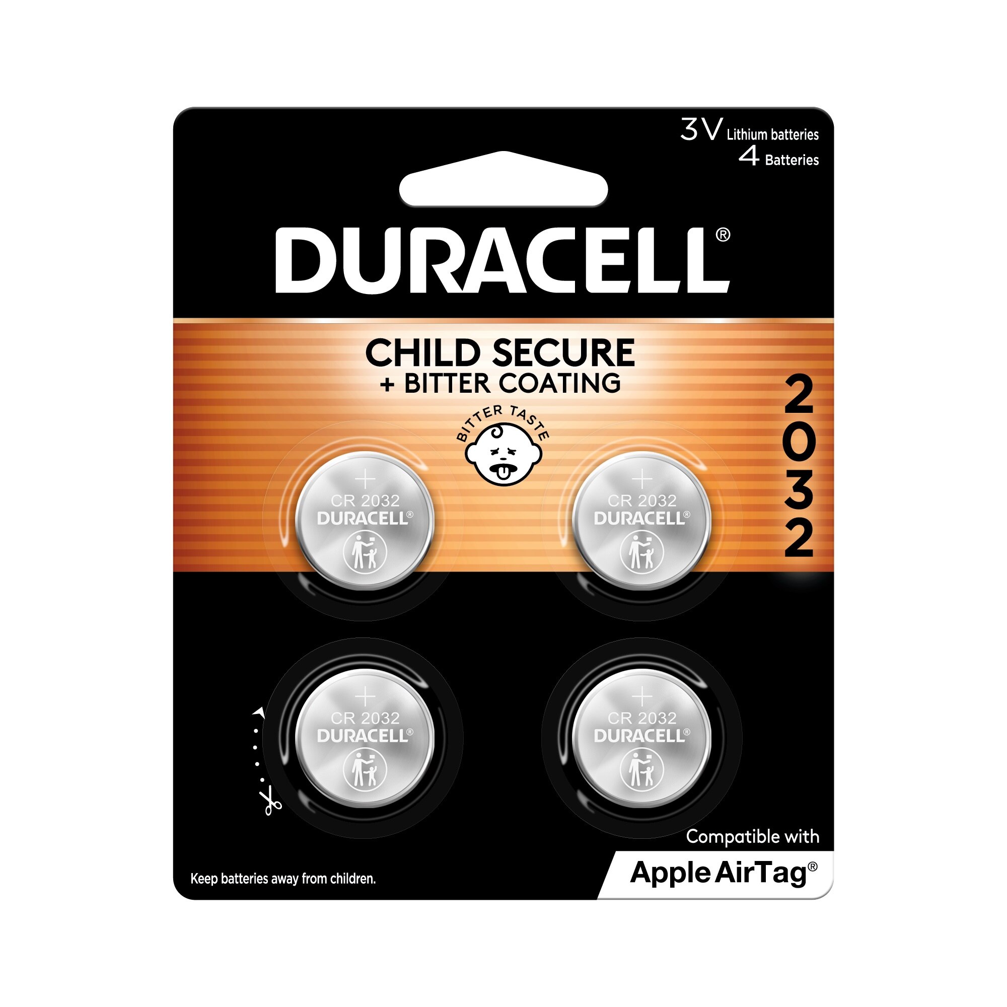 Duracell 2032 3V Lithium Coin Battery with Bitter Coating, 4/PK