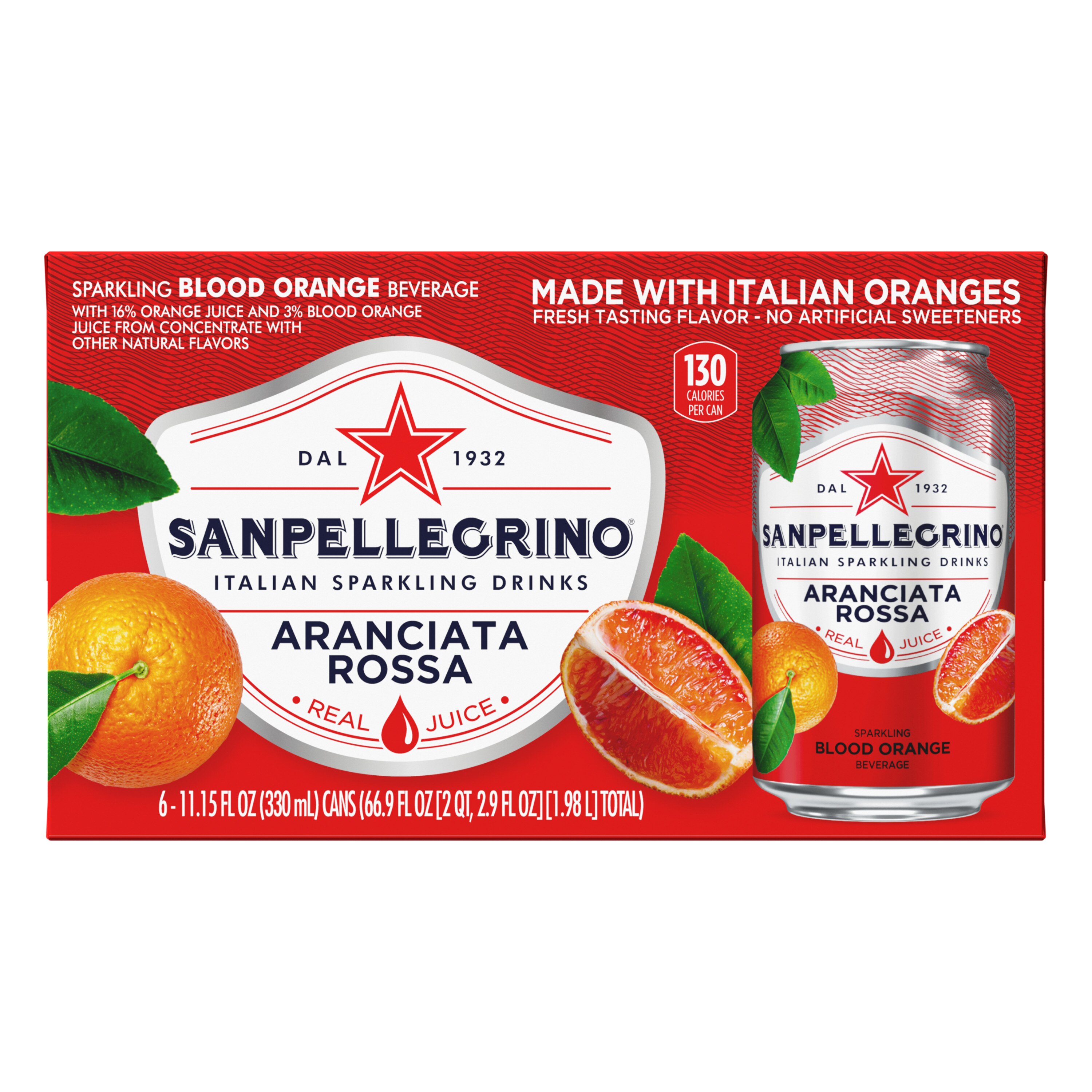 Sanpellegrino Italian Sparkling Drink Aranciata Rossa, Sparkling Orange and Blood Orange Beverage, 6 Pack of 11.15 Fl Oz Cans